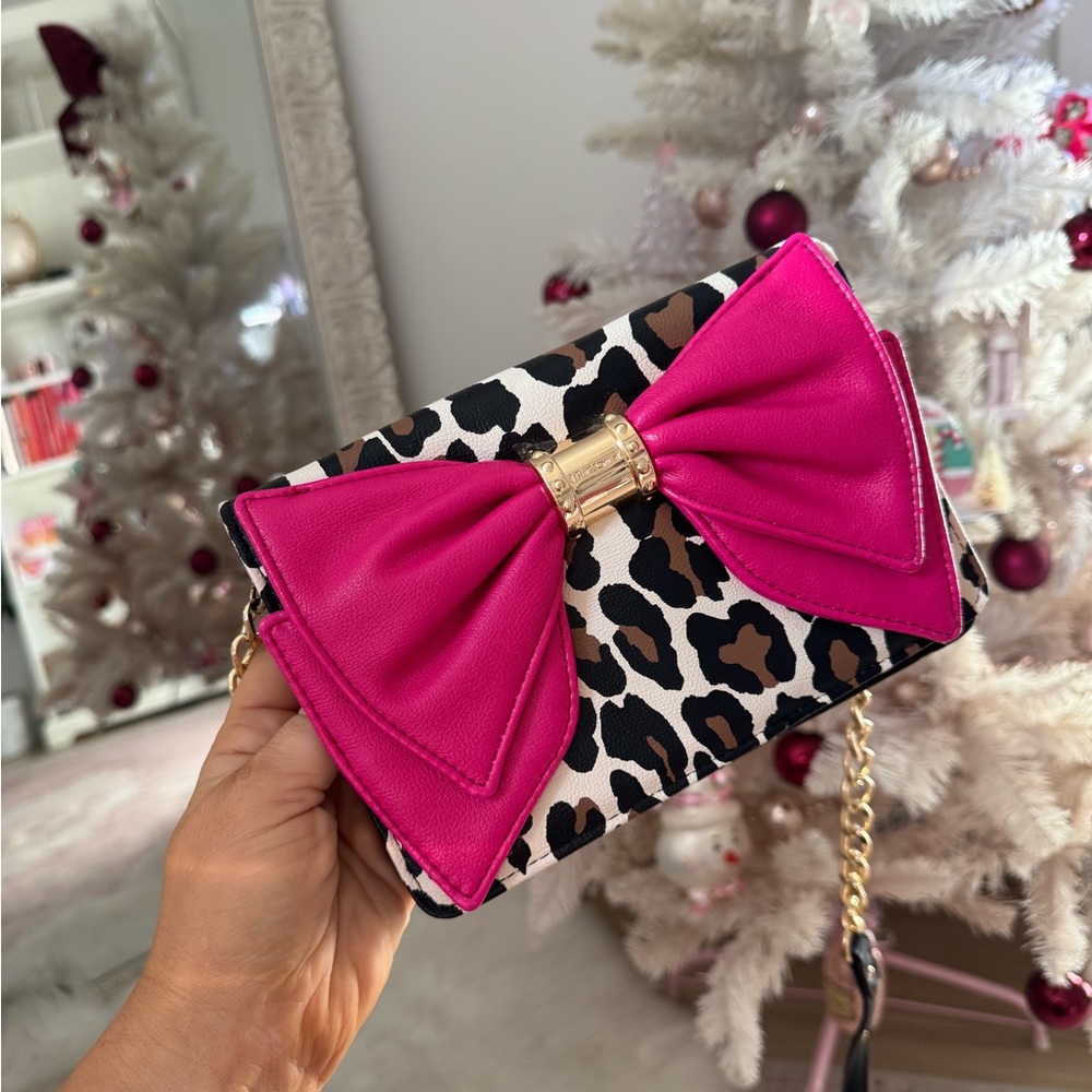 Betsey Johnson Leopard Clutch with Vibrant Pink Bow